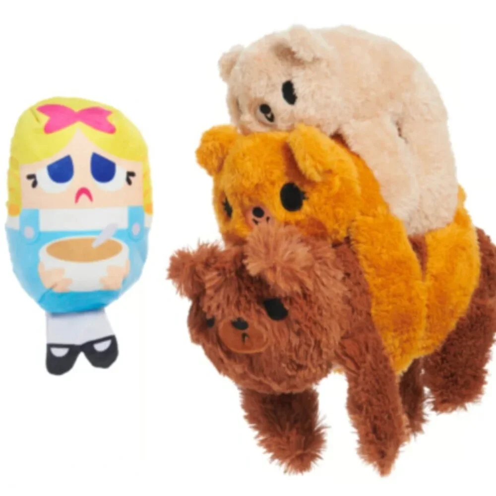 NWT, Bark Box Dog Toy GOLDILUNCH & THE THREE BEARS, L Dog, Plush 3 pc Toy, Brown